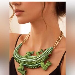 Statement Crystal Crocodile Necklace Green Rhinestone Bib Choker